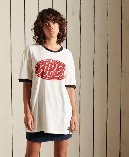 Women's Loose Fit Boho Ringer Graphic T-Shirt Beige / Bone White - Size: L