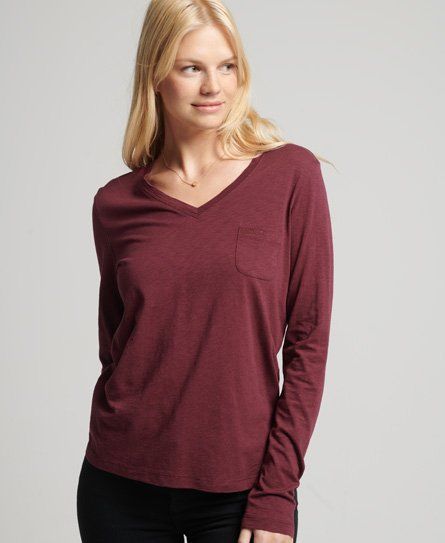 Women's Organic Cotton Long Sleeve Pocket V-Neck Top Red / Deep Port - Size: 8