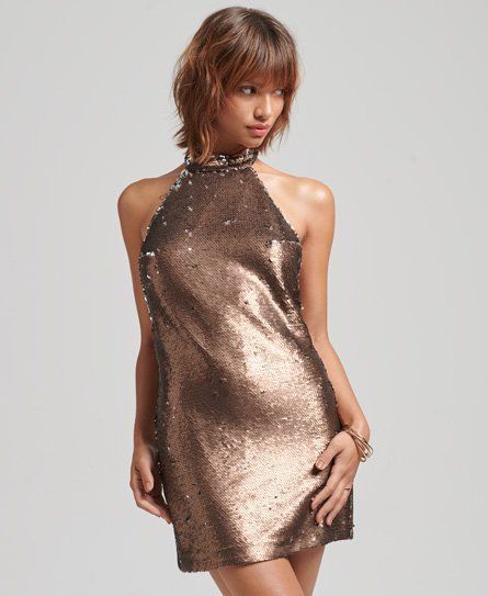 Women's Sparkly Halter Mini Dress Brown / Bronze Brown Matt Sequin - Size: 10