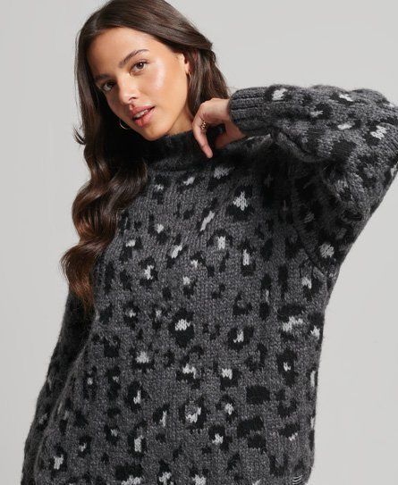 Women's Slouchy Knit Jumper Grey / Leopard - Size: 12