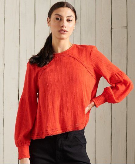 Women's Long Sleeve Textured Lace Top Red / Apple Red - Size: 10