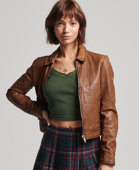Women's Cropped Leather Harrington Jacket Tan / Camel - Size: 8
