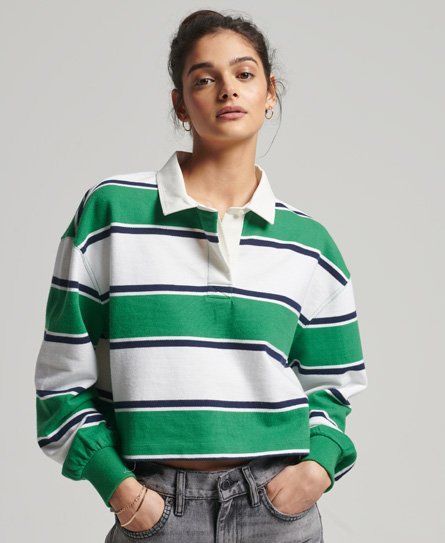 Women's Vintage Cropped Long Sleeve Rugby Top Green / Oregon Green Stripe - Size: 14