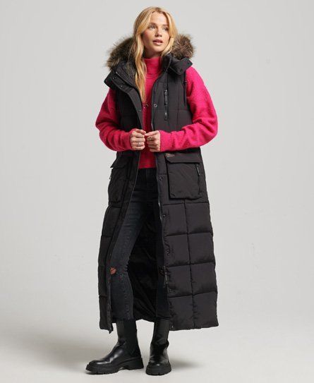 Women's Hooded Faux Fur Longline Puffer Gilet Black - Size: 10