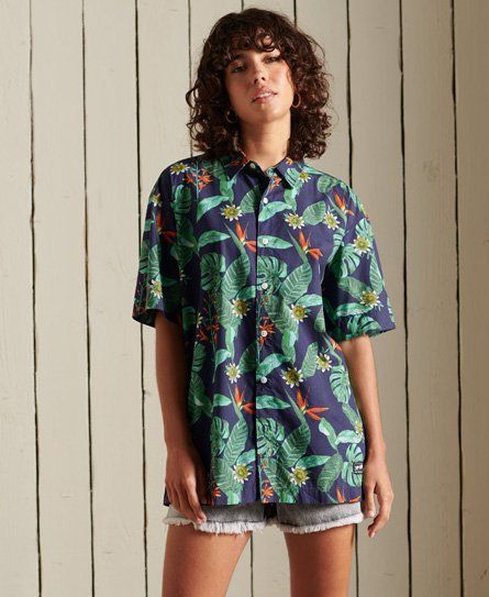 Women's Oversized Hawaiian Shirt Navy / Navy Tropical Aop - Size: L