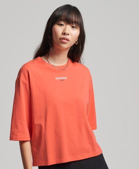 Women's Micro Logo Embroidered Boxy T-Shirt Cream / Hyper Fire Coral - Size: 10