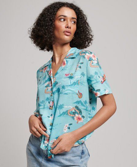 Women's Beach Resort Shirt Light Blue / Aloha Hawaiian Aqua - Size: 14