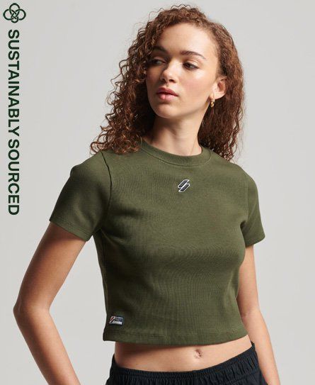 Women's Organic Cotton Essential Fitted Crop T-Shirt Green / Dark Moss - Size: 16