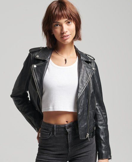 Women's Rylee Leather Biker Jacket Black - Size: 6