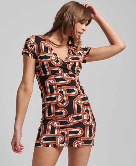 Women's Ladies Geometric Print Wrap Day Dress, Black, Orange and White, Size: 12