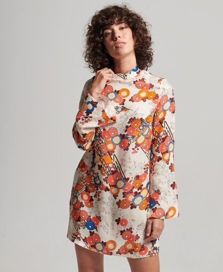Women's Printed Long Sleeve Mini Dress Cream / Kam Floral - Size: 14