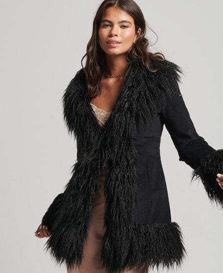 Women's Faux Fur Lined Afghan Coat Black - Size: 10