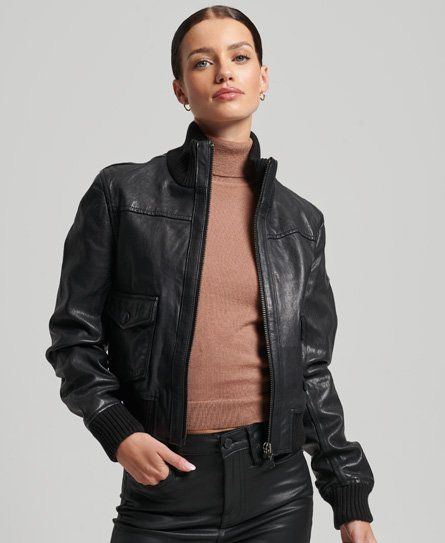 Women's Knit Collar Leather Bomber Jacket Black - Size: 10