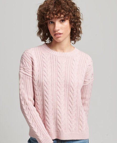 Women's Dropped Shoulder Cable Knit Crew Neck Jumper Pink / Nappa Pink Twist - Size: 10