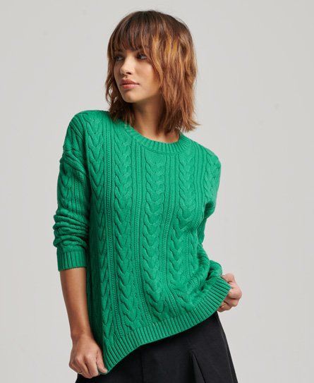 Women's Dropped Shoulder Cable Knit Crew Neck Jumper Green / Woodland Green - Size: 14