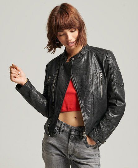 Women's Classic Leather Racer Jacket Black - Size: 10