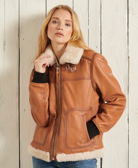 Women's Leather Flight Bomber Jacket Tan - Size: 8