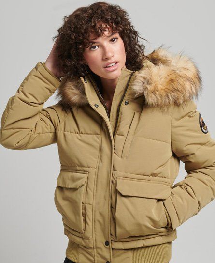Women's Everest Hooded Puffer Bomber Jacket Tan / Camel - Size: 10