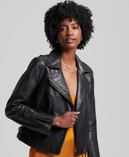 Women's Classic Leather Biker Jacket Black - Size: 16