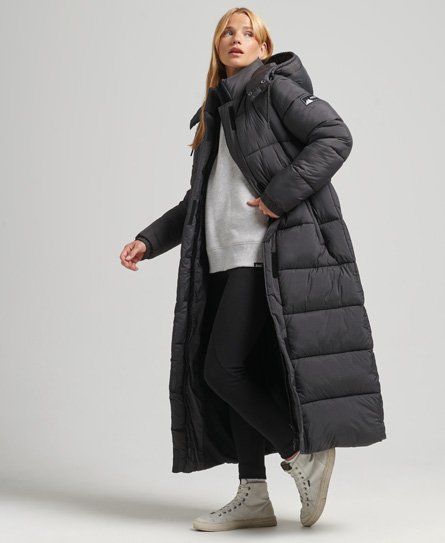 Women's Ripstop Longline Puffer Jacket Black / Black Grid - Size: 8