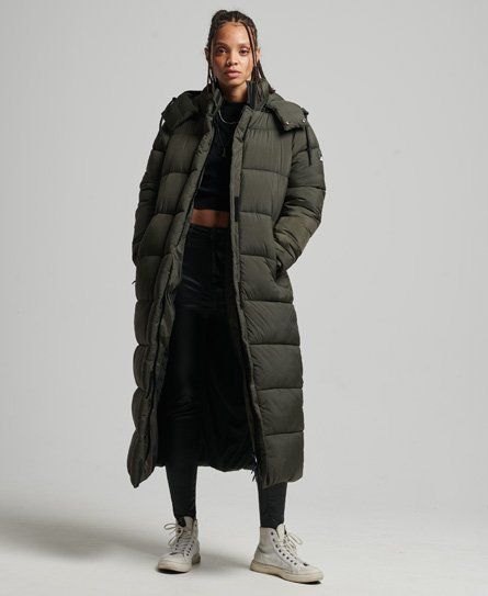 Women's Ripstop Longline Puffer Jacket Green / Khaki Grid - Size: 14