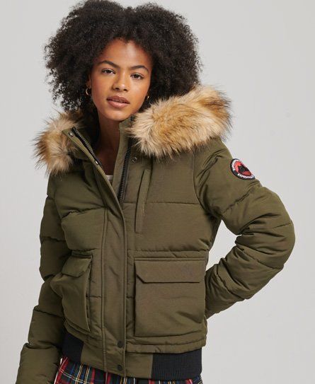 Women's Everest Hooded Puffer Bomber Jacket Green / Surplus Goods Olive - Size: 6