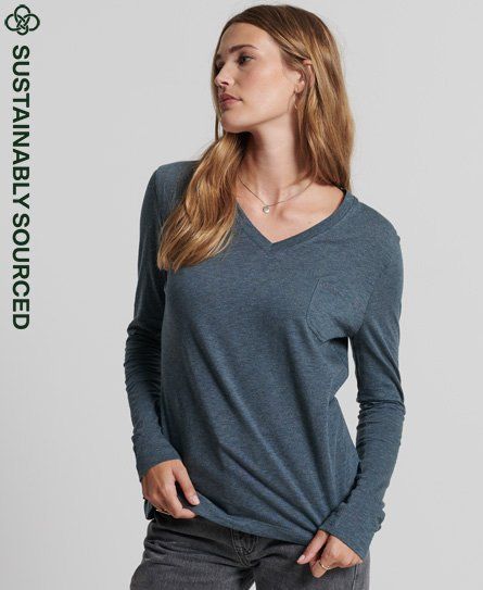 Women's Organic Cotton Long Sleeve Pocket V-Neck Top Blue / Blue Mirage Marl - Size: 14