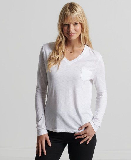 Women's Organic Cotton Long Sleeve Pocket V-Neck Top White / Optic - Size: 10
