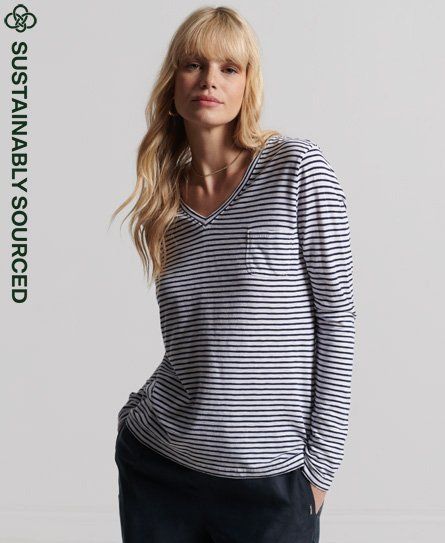 Women's Organic Cotton Long Sleeve Pocket V-Neck Top Navy / Navy Breton - Size: 10