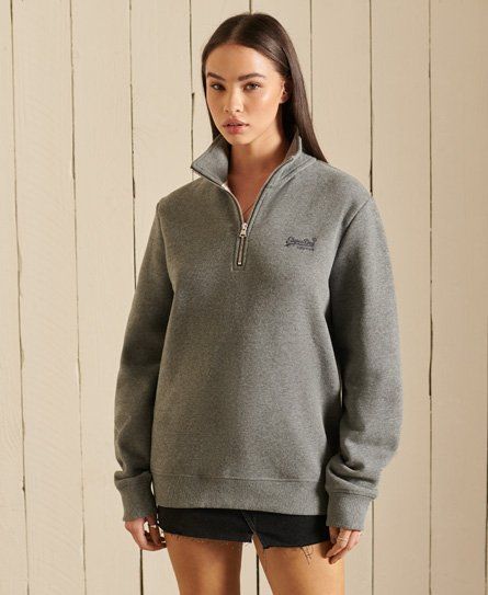 Women's Loose Fit Embroidered Logo Zip Henley Sweatshirt Grey / Rich Charcoal Marl - Size: L