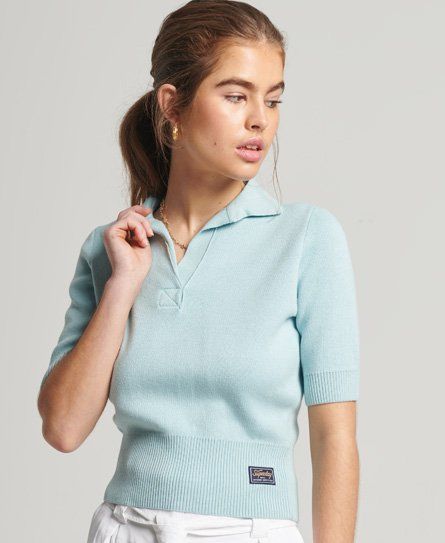 Women's Vintage Cropped Knit Polo Shirt Blue / Soft Blue - Size: 14