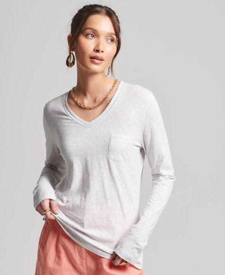 Women's Organic Cotton Long Sleeve Pocket V-Neck Top Light Grey / Ice Marl - Size: 14