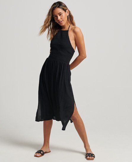 Women's Vintage Smocked Halter Neck Dress Black - Size: 14