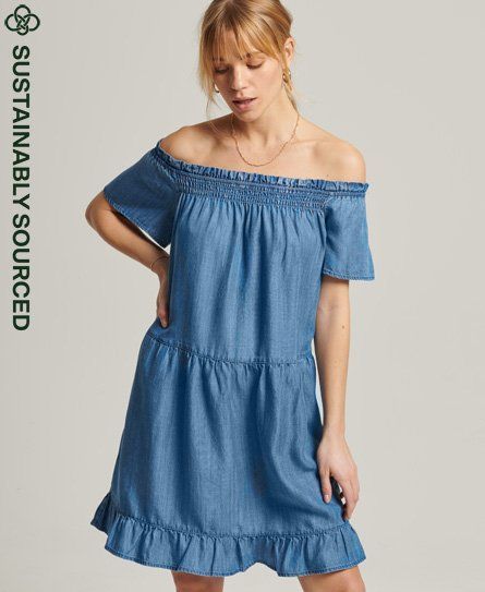 Women's Vintage Off The Shoulder Dress Blue / Mid Wash - Size: 14