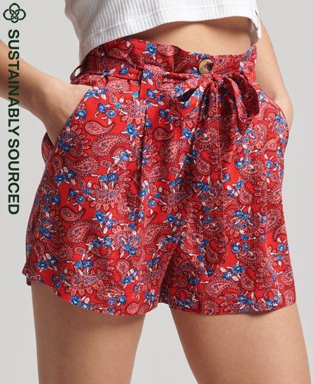Women's Ecovero Vintage Paperbag Printed Shorts Red / Paisley Red Aop - Size: 14