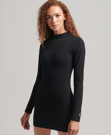 Women's Long Sleeve Rib Bodycon Mini Dress Black - Size: 10