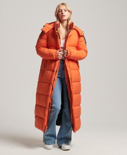 Women's Ripstop Longline Puffer Jacket Orange / Orange Grid - Size: 10