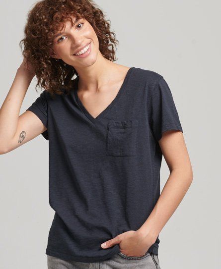 Women's V-Neck Pocket Slub Jersey T-Shirt Navy / Eclipse Navy - Size: 10