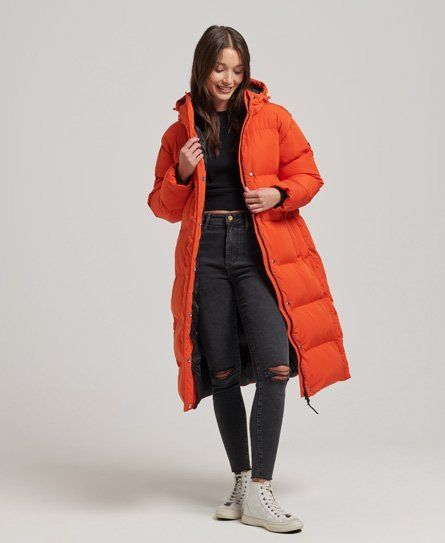 Women's Hooded Longline Puffer Coat Orange / Pureed Pumpkin - Size: 14