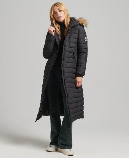 Women's Faux Fur Hooded Longline Light Padded Puffer Coat Black - Size: 16