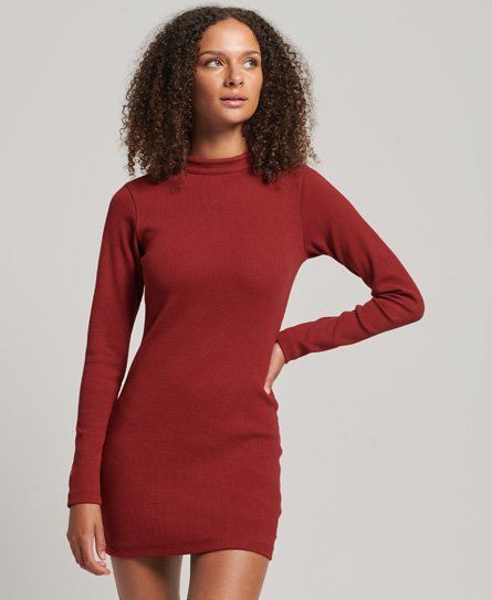 Women's Long Sleeve Rib Bodycon Mini Dress Red / Merlot - Size: 10