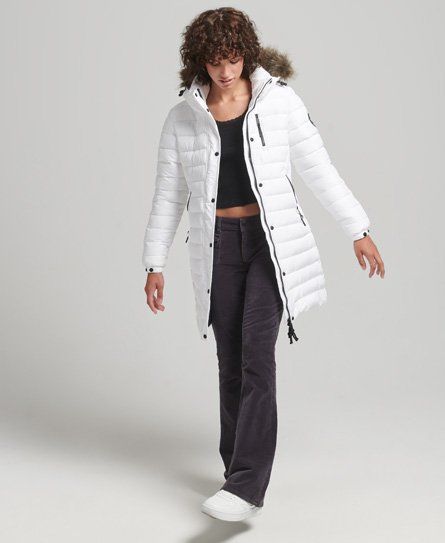 Women's Faux Fur Hooded Mid Length Puffer Jacket White - Size: 12