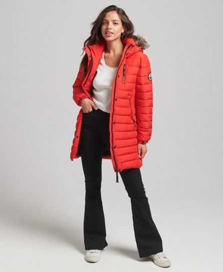 Women's Faux Fur Hooded Mid Length Puffer Jacket Red / High Risk Red - Size: 16