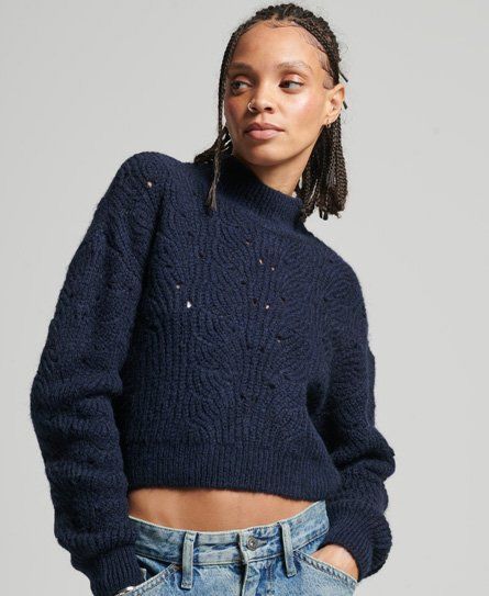 Women's Pointelle Cable Knit Jumper Navy / Deep Navy Marl - Size: 14