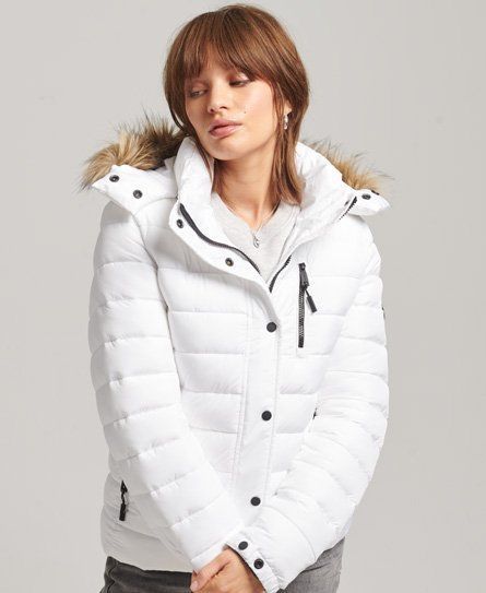 Women's Faux Fur Short Hooded Puffer Jacket White - Size: 10