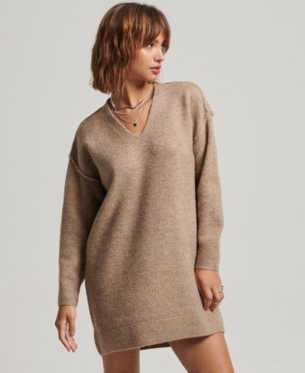 Women's Knitted V Neck Jumper Dress Beige / Deep Camel Marl - Size: 16