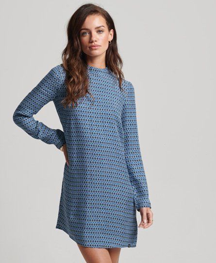 Women's Long Sleeve Printed Mini Dress Blue / Tiny Bobbins - Size: 10