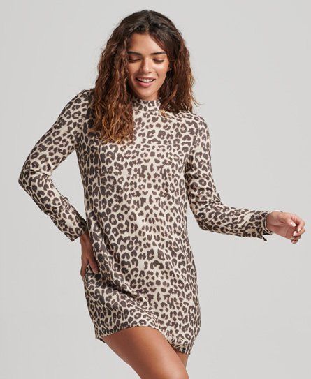 Women's Long Sleeve Printed Mini Dress Brown / Leopard Print - Size: 12