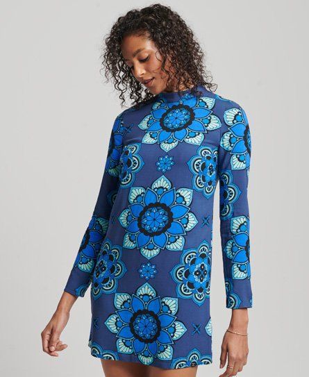 Women's Long Sleeve Printed Mini Dress Blue / Psychedelic Blue - Size: 8