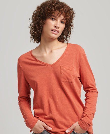 Women's Long Sleeve Slub V-Neck Top Orange / Tabasco - Size: 14